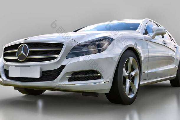 白色梅塞德斯-奔驰 Cls 轿跑车在灰色背景。3d 渲染
