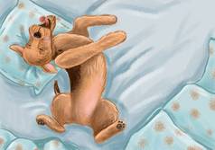 可爱的爱乐乐小狗躺在床上枕头上生动的插图艺术