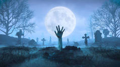 3D渲染僵尸的手爬出地面在夜晚的背景月亮在墓地