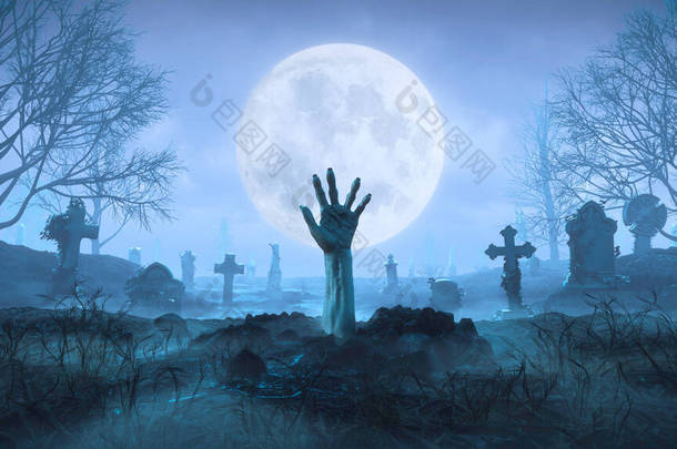3D渲染僵尸的手爬出地面在夜晚的背景<strong>月</strong>亮在墓地