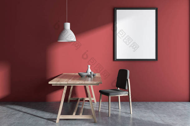<strong>红墙</strong>简约斯堪的纳维亚风格的餐厅内有混凝土地板, 一张木桌和一张灰色的椅子。垂直海报框架的模拟。3d 渲染