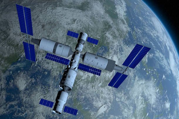 天宫3号景观——中国空间站在黑色空间以恒星背景环绕地球。3d 插图