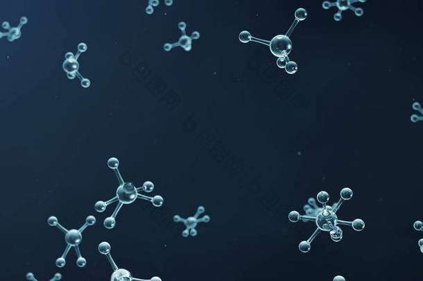 3d渲染分子结构。原子和分子的科学医学背景。科学动画为您的横幅，传单，模板，文本。分子由原子化学元素组成