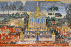 罗摩衍那壁画在柬埔寨金边，皇家宫殿墙壁上的旧油画.