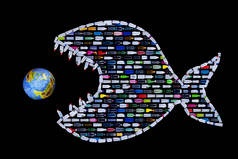 垃圾破坏我们的世界海洋和地球塑料瓶排列成线形成食肉鱼类捕捉和吞噬地球生态灾难概念