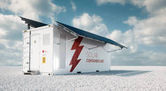 太阳能容器单元。3d 渲染概念的白色工业电池储能容器与安装黑色太阳能电池板位于白色砾石在空旷的景观在阳光明媚的天气.