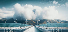 浮动的太阳能发电厂和离岸风力涡轮机农场与宏伟的山地背景.3d渲染