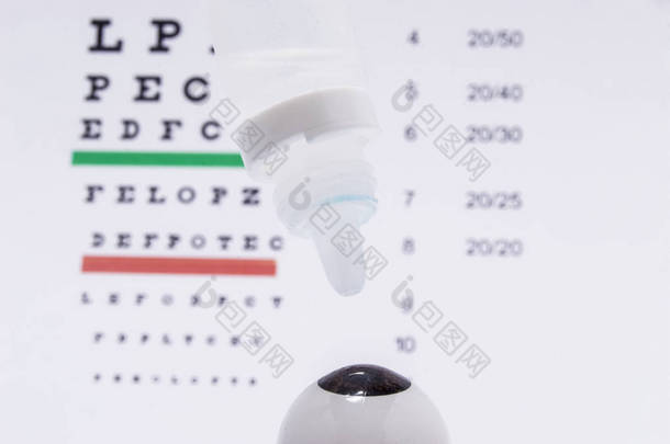 与眼眼球的数字在它滴眼液对视力测试表的背景。诊断和治疗的<strong>眼部</strong>疾病或过敏