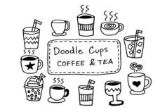 Set cup of coffee and tea , cute doodle cartoon hand drawing