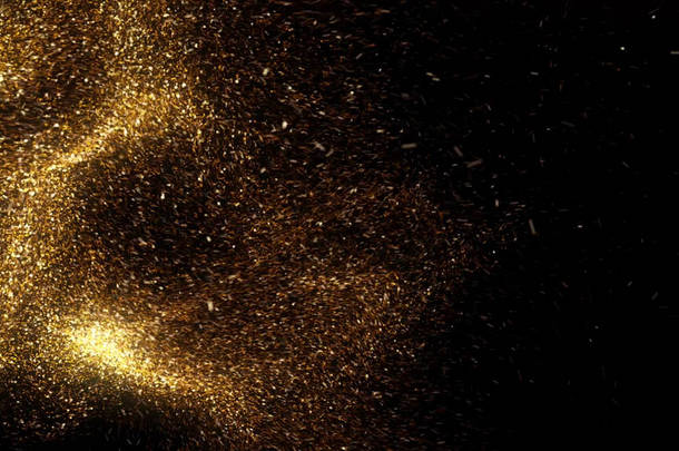 金色粒子在黑暗背景下的抽象飞行。 动画。 神奇的太空尘埃，明亮的彗星及其五彩斑斓的痕迹.