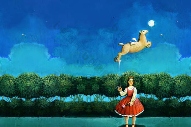 在夜间女孩打扮红色举行作为一个玩具气球形式的飞行小马超现实丙烯酸油漆原型的女性