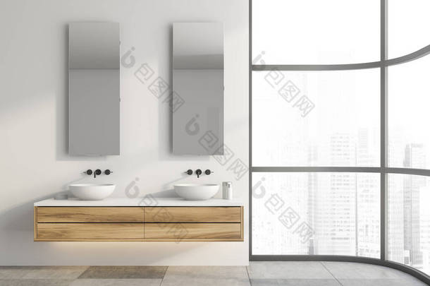 舒适的双层水池矗立在现代全景浴室的木制台面上，有白色的墙壁和铺了瓷砖的地板。3d渲染