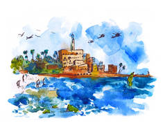 水景景观-地中海, 水彩。以色列贾法和特拉维夫市的老城和港口