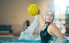 Water polo, cardio and portrait of a woman with a ball for a competition, game and training. Fitness