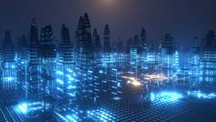 3D渲染。全息现代城市运动图解,未来主义技术数字城市设计.人工智能和智能城市的概念。网络空间。赛博朋克