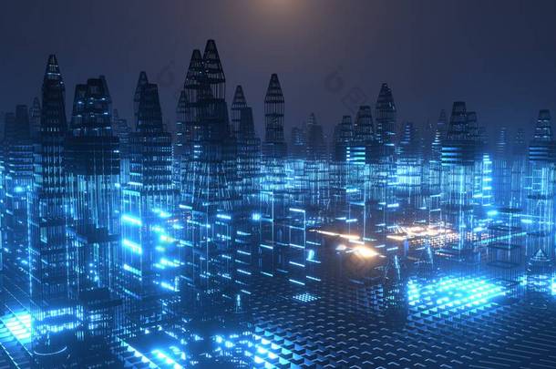 3D渲染。全息现代城市运动图解,未来主义技术数<strong>字</strong>城市设计.人工智能和智能城市的概念。网络空间。<strong>赛博朋克</strong>