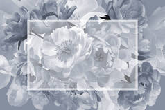 花园花牡丹。复古花卉框架。黑白