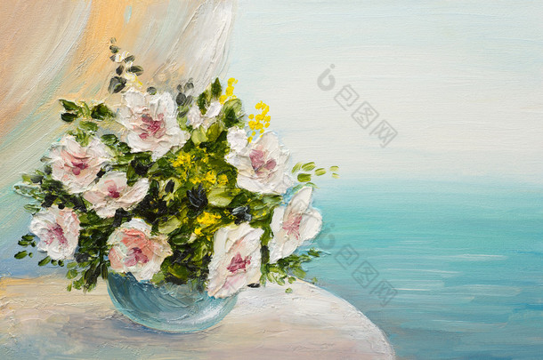 油画静物-束鲜花在桌子上
