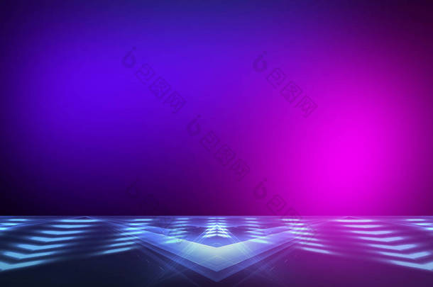 紫外线的抽象光。 二极管磁带，光缆。 紫罗兰和粉色梯度。 现代背景，霓虹灯。 空荡荡的舞台聚光灯霓虹灯 摘要光.