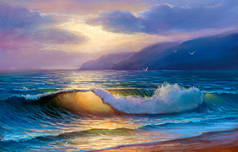 独具匠心的油画。大海上的金色落日。现代印象主义.