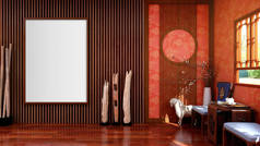 中国传统风格客厅中的空白空白画框，3D渲染