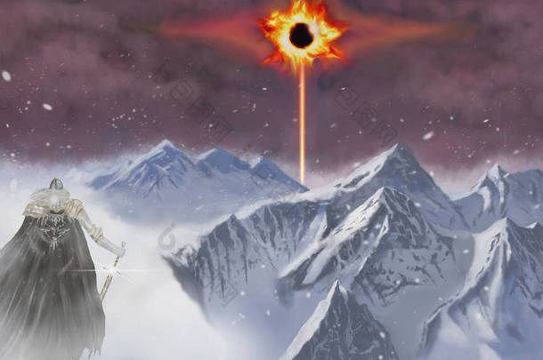 冬季奇景与骑士站在一起看月蚀，手里拿着魔剑，背景是雪山和暴风雪、数码艺术风格、美术插画.