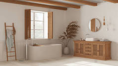 Vintage bathroom in white tones, rattan wooden washbasin, bathtub, chest of drawers, mirror, towel r