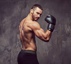 拳击手套的一个野蛮的肌肉拳击手在冲压技术工作.