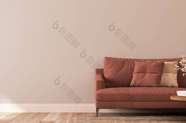 Cozy living room design, empty wall mockup in warm interior design space, 3d render