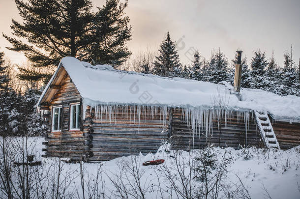 加拿<strong>大圆</strong>木木屋在美丽的冬季日落