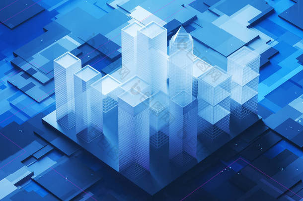关闭城市模型站在深蓝色主板上。建筑和数字城市生活方式中的高科技理念。3d 渲染