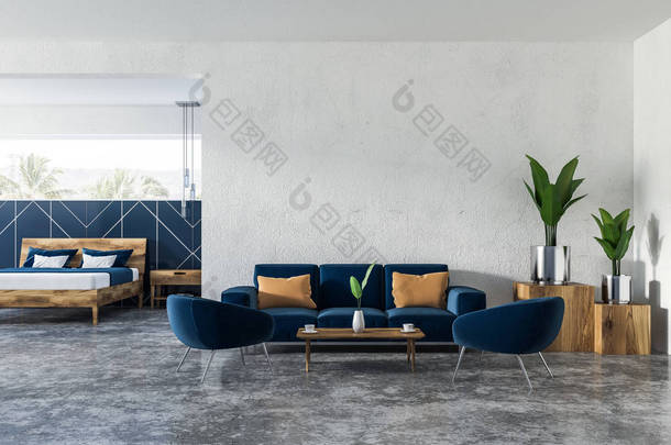 <strong>室内</strong>的蓝色和白色<strong>客厅</strong>与软蓝沙发和扶手椅附近的咖啡桌和卧室的背景。3d 渲染复制空间