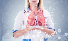 Double Exposure, Doctor with stethoscope and lungs on the hands . gray background.
