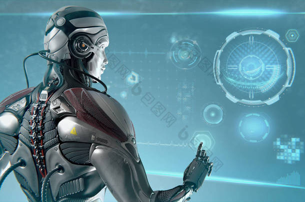 未来机器人在数字接口的虚拟空间中工作, 3d 渲染