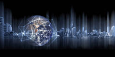 全球业务和网络, 双曝光全球与网络连接线和现代建筑, 在黑色背景。这个图像的元素由 Nasa 提供
