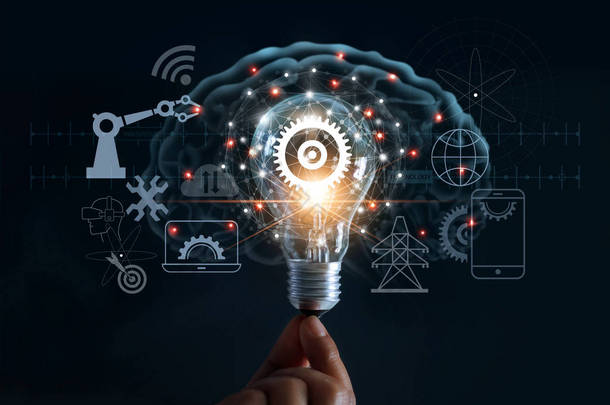 手持灯泡和齿轮内部和<strong>创新</strong>图标网络连接在大脑背景, 科学和工业概念的<strong>创新</strong>技术