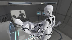男性和女性护士机器人在未来的医疗设施。3d 渲染
