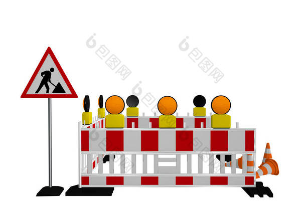 工地关闭与施工现场标志, 警示灯和交通锥。3d 渲染