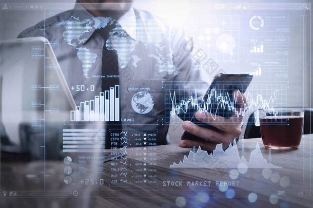 投资者分析股票市场报告和财务仪表板与商业智能 (Bi), 与关键绩效指标 (Kpi). 成功商人手用智能手机, 数码平板对接智能键盘, 咖啡杯.