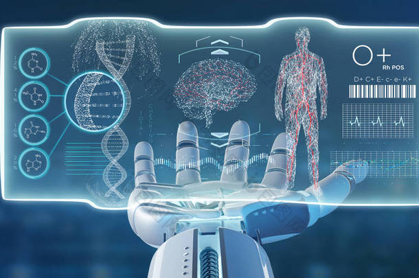 一个<strong>手</strong>持未来主义模板的机器人<strong>手</strong>的视图，医疗接口hud 3D渲染