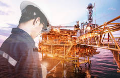 二次曝光的平板电脑使用安全头盔 & 制服为石油和天然气工业经营理念管理业务的行业工具图标的工程师或技术员人.