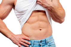 饮食和减肥的概念。肌肉发达的人, 身体完美。健身男子显示六包