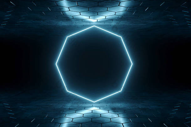 未来科幻蓝色发光霓虹灯管八角形灯在黑暗的房间与六角形地板和天花板空空间壁纸3d 渲染插图