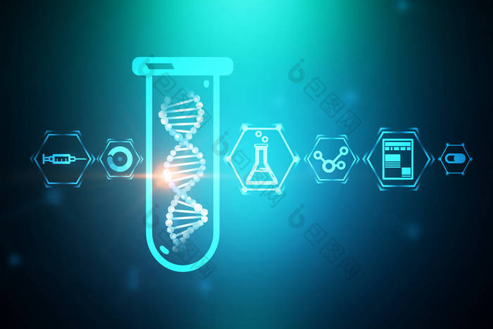 白色 dna 螺旋在试管在蓝色绿色背景与科学和医学图标。生物技术、生物学、医学和科学概念。3d 渲染模拟色调图像