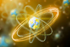 黄色和蓝色抽象原子核模型在一个模糊的黄色蓝色原子背景。科学和研究的概念。3d 渲染模拟色调图像