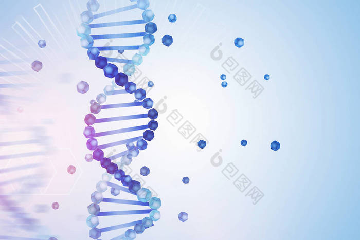 蓝色紫色的垂直 dna 螺旋线, 其部分散落在浅蓝色背景上, 几何图案。生物技术、生物学、医学和科学概念。3d 渲染模拟