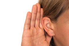 女人正在听她的手耳朵听力损失概念