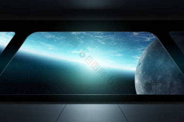 太空飞船未来的内部与看法在行星地球3d 渲染元素的这幅图片由 Nasa 提供
