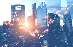 红色和蓝色发光的图在城市风景背景。股票市场的概念。3d 渲染色调图像双曝光