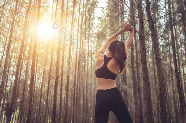 美丽苗条的女<strong>跑步</strong>者做伸展手臂和温暖的运行在宁静的森林在早晨。锻炼和锻炼的概念。健康的自然概念。秋天季<strong>节</strong>主题的松树林.